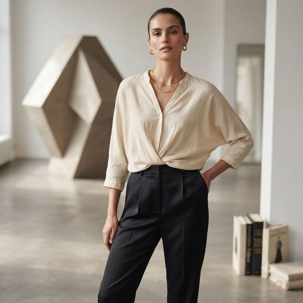 7115 by Szeki Twist Front Blouse S Cream Linen Rayon Batwing Hi Low Minimalist